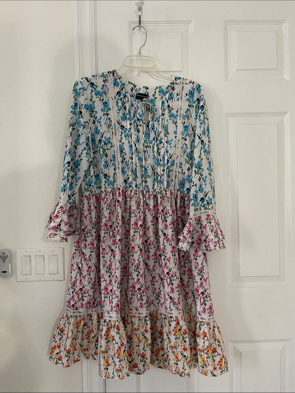 Maison Tara Multicolor Tiered Floral Dress in Blue, Pink and Orange